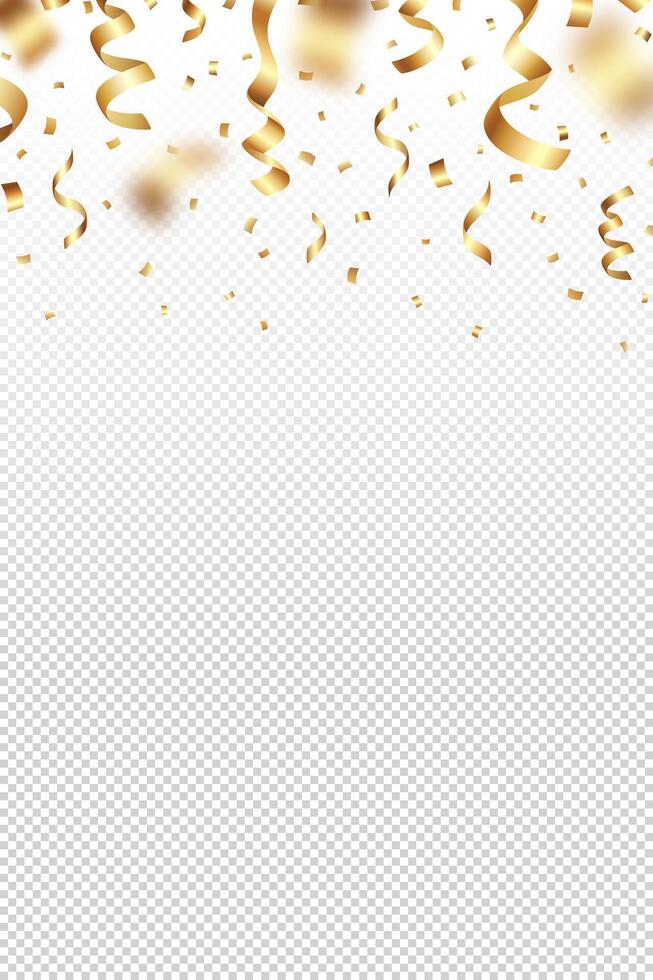 Festive illustration of falling shiny gold foil confetti and tinsels on a light background. Suitable for holiday poster, Christmas greeting card, birthday party or wedding invitation vector
