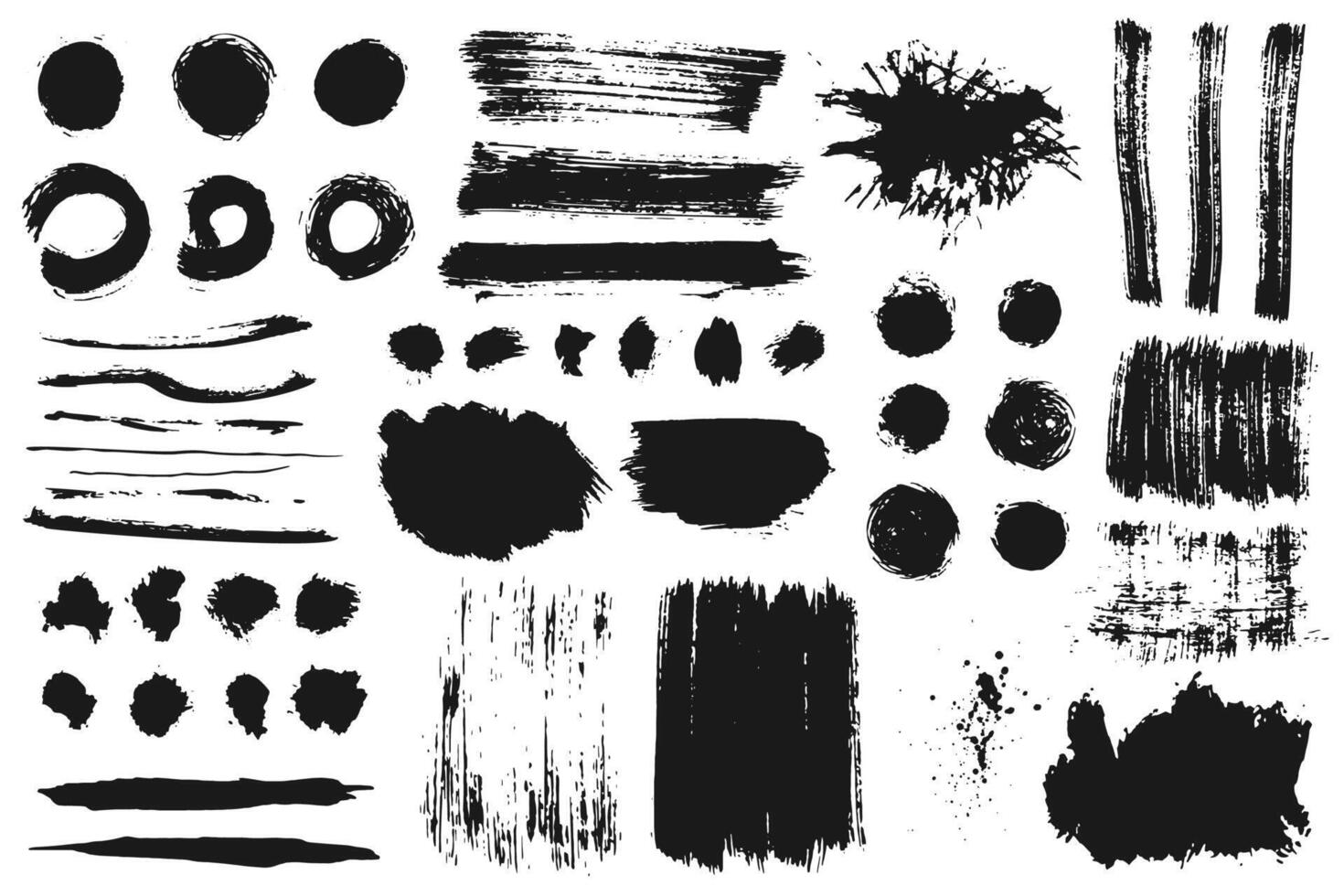 Hand drawn collection of abstract ink spots, brush strokes, lines, textures and paint splashes isolated on white background. Grunge set of graphic illustrations for banner template vector