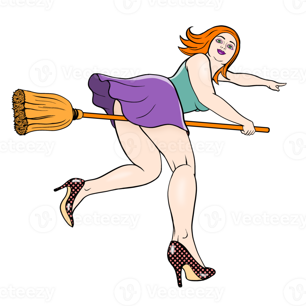 A smiling attractive young witch in a short skirt and shiny high-heeled shoes flies on a broomstick and points her finger into the distance. png