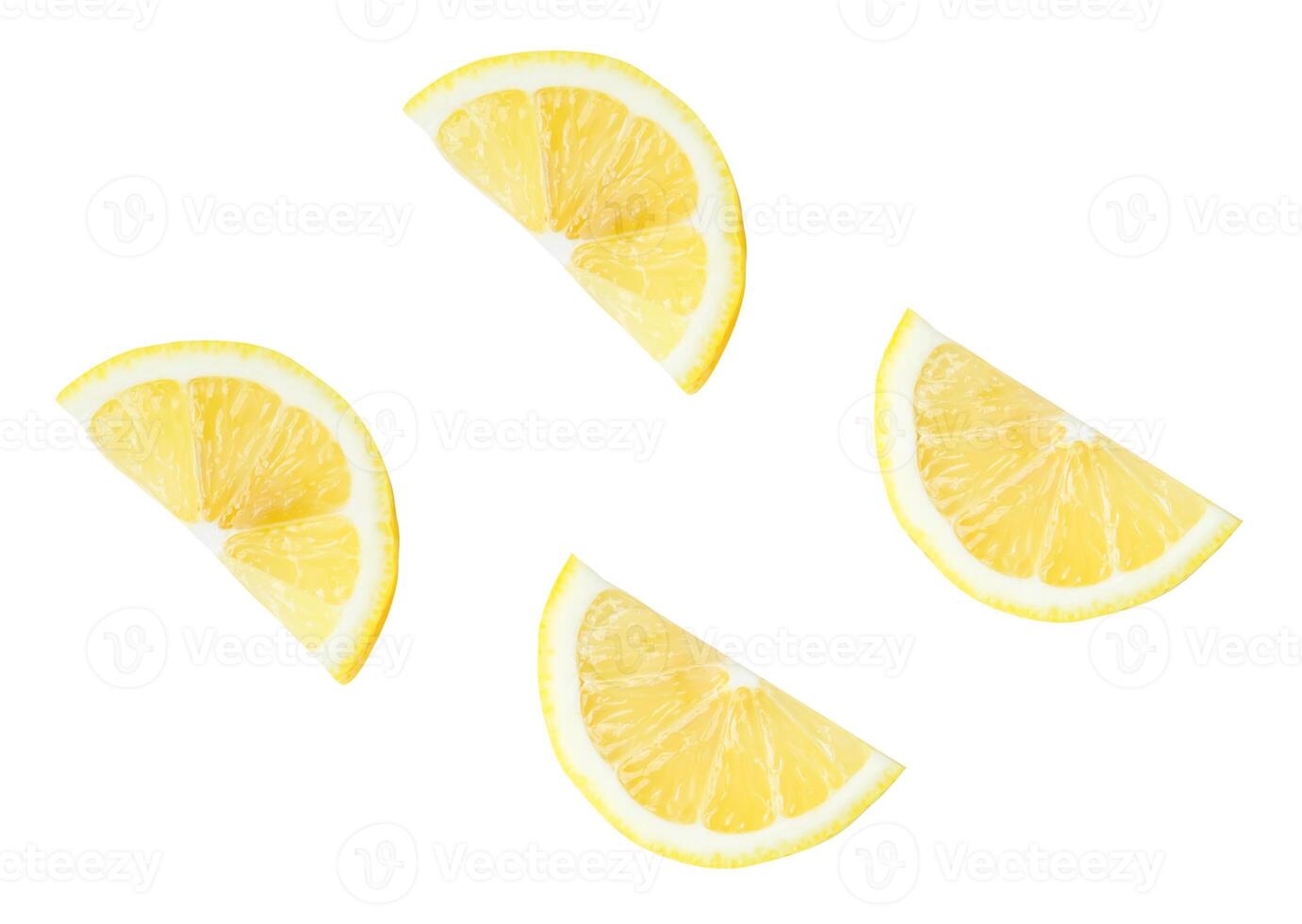 Fresh yellow lemon fruit in four slices or quarters scattering in set isolated on white background with clipping path Top view photo