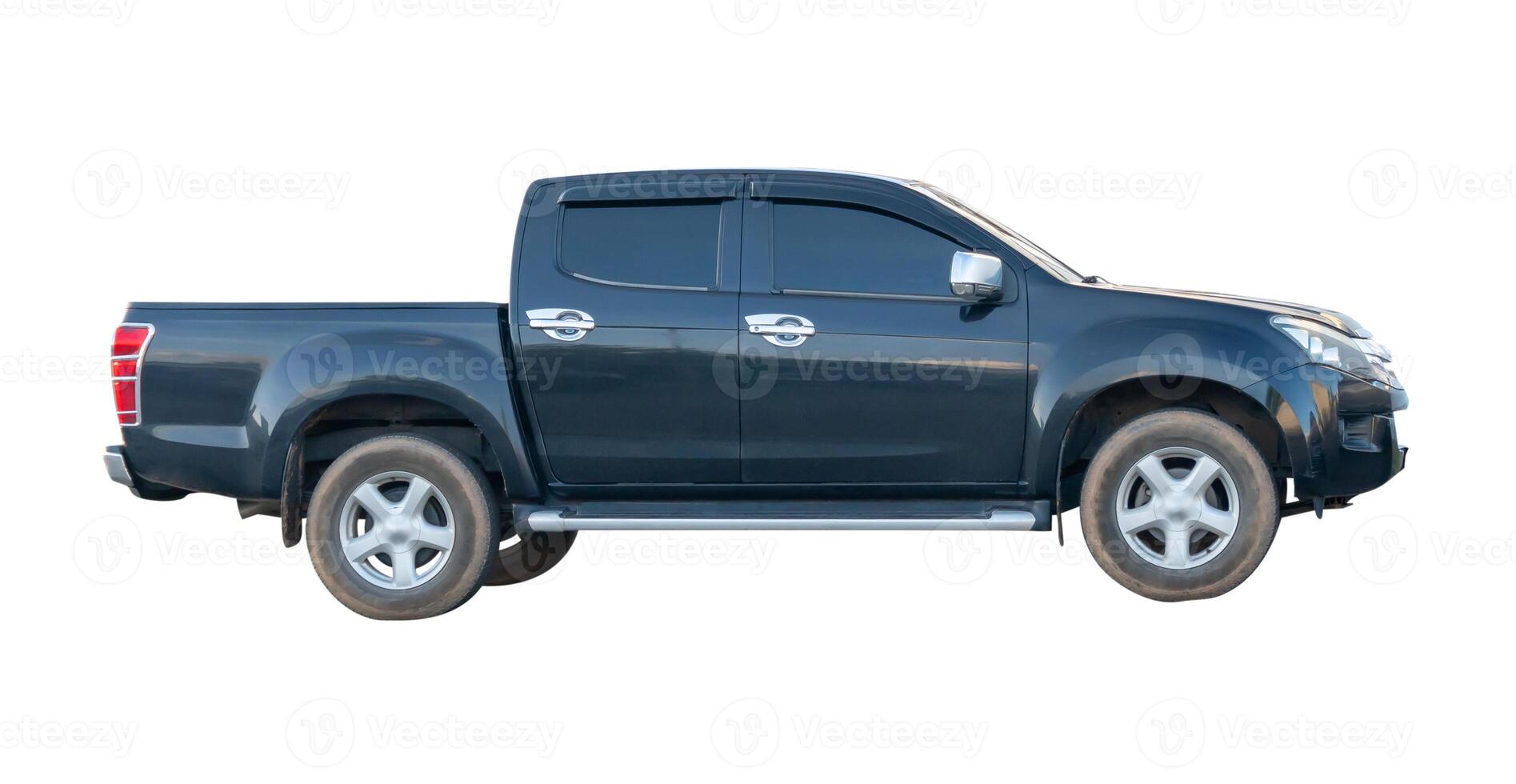 Side view of dark blue or black pickup truck isolated on white background with clipping path photo