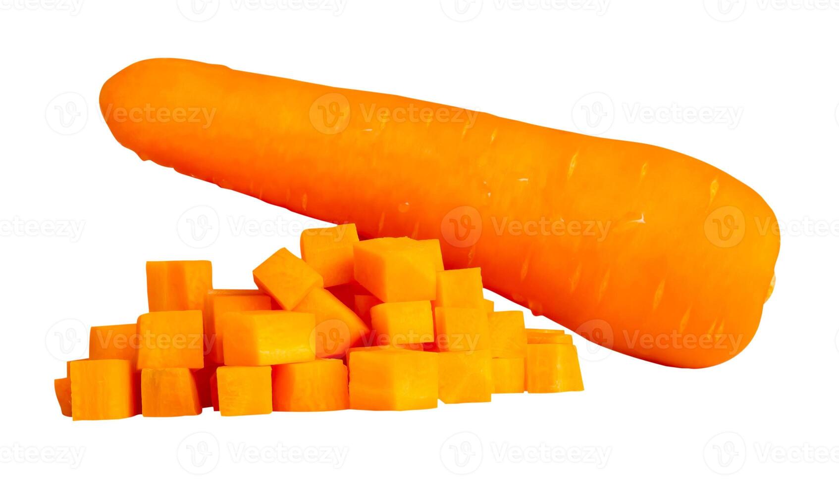 Fresh range carrot roots with slices or pieces in cube shape in heap isolated on white background with clipping path photo