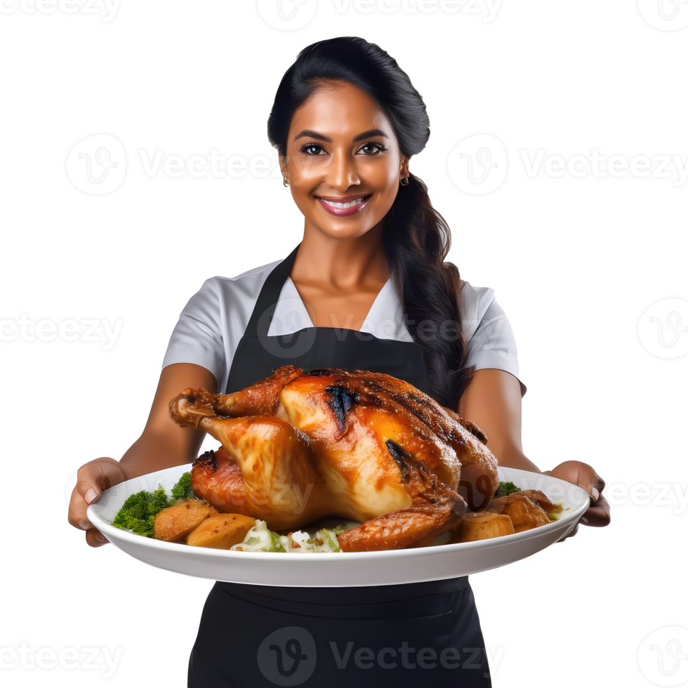 indian woman serving a roast chicken on a plate png