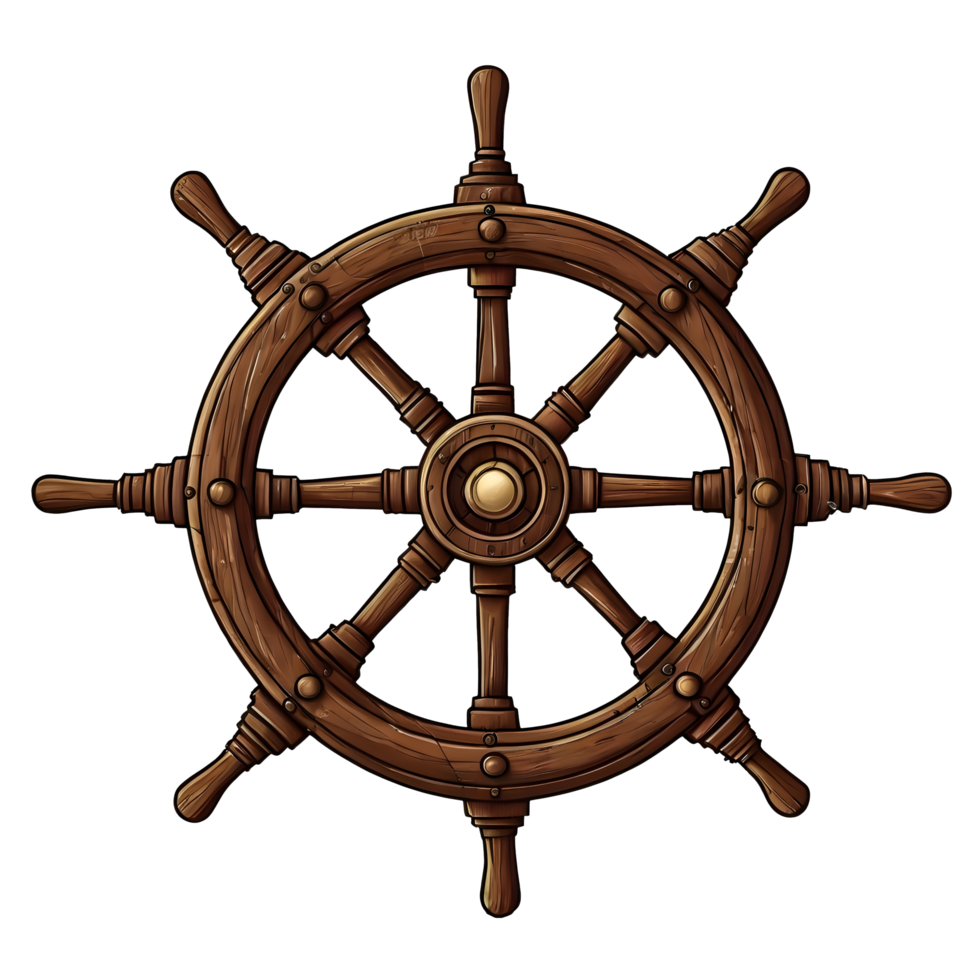 A ship wheel with a wooden handle on a transparent background png
