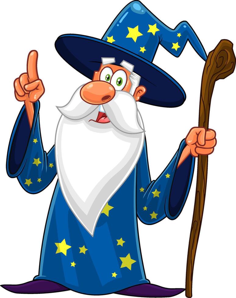 Old Wizard Cartoon Character With A Cane Pointing vector