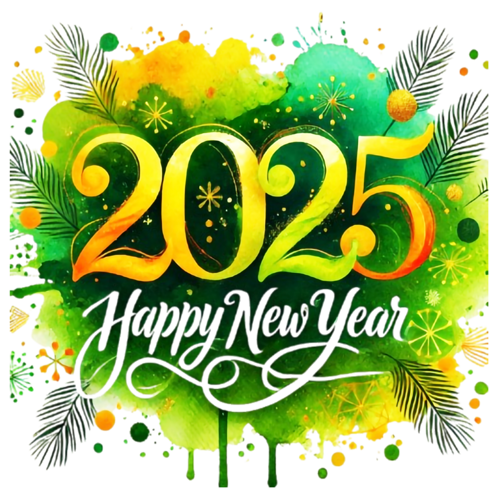 2025 new year s bright yellow and green watercolor splatters png