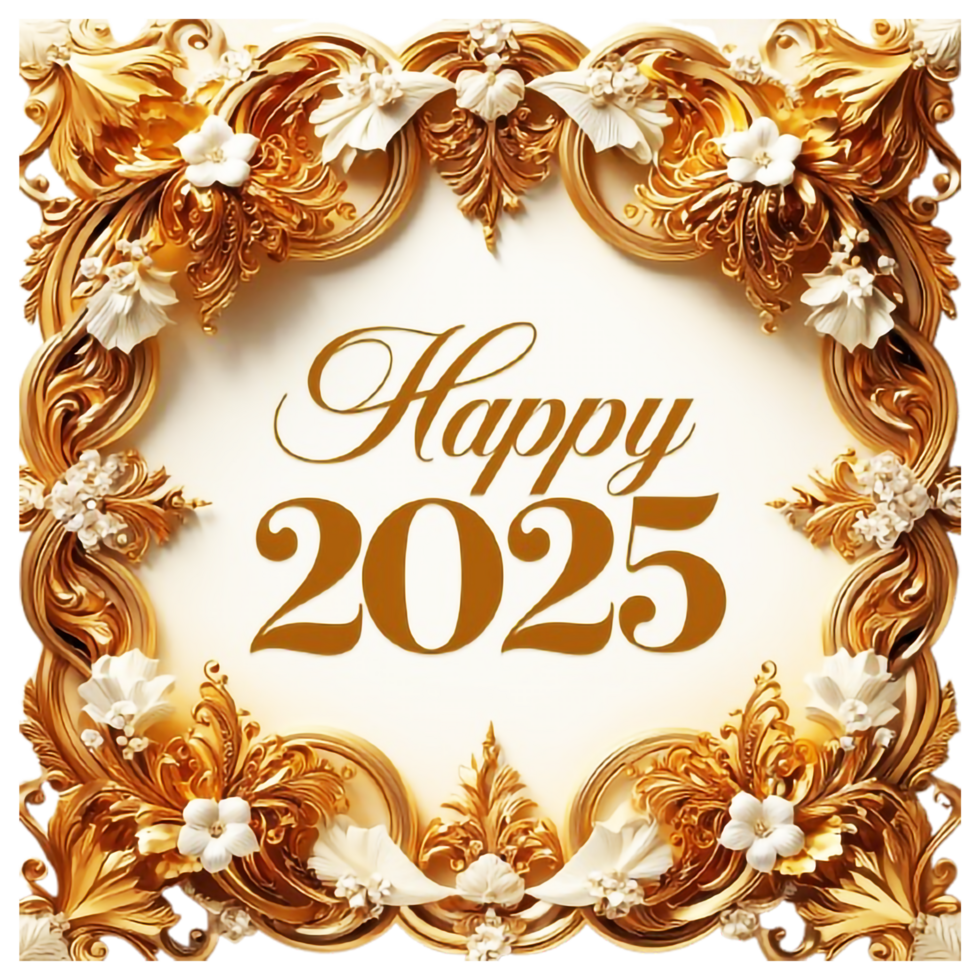 Happy 2025 ornate golden frame luxurious design png