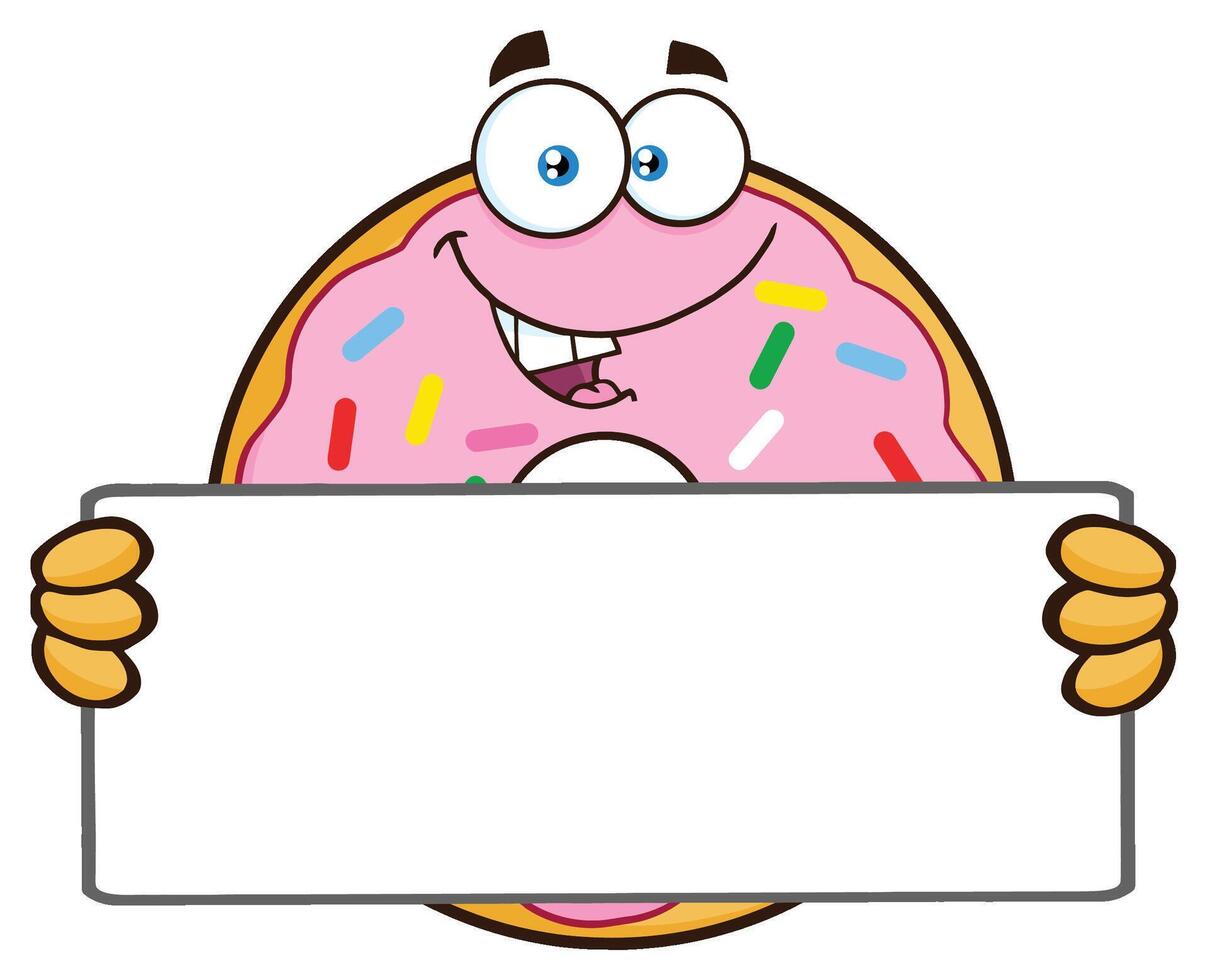 Donut Cartoon Mascot Character With Sprinkles Holding a Blank Sign vector