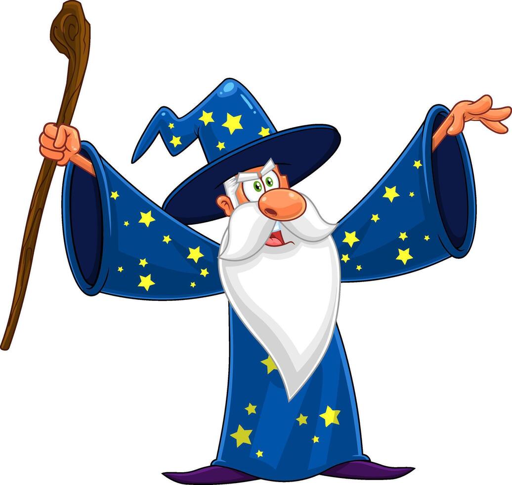 Old Wizard Cartoon Character With A Cane Making Magic vector