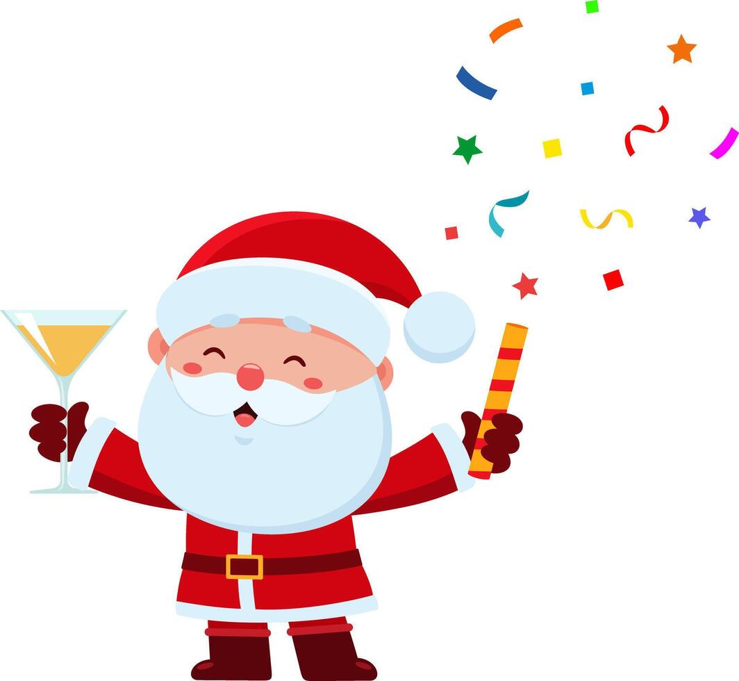 Cute Santa Claus Cartoon Character Holding A Champagne Glass And A Party Popper vector