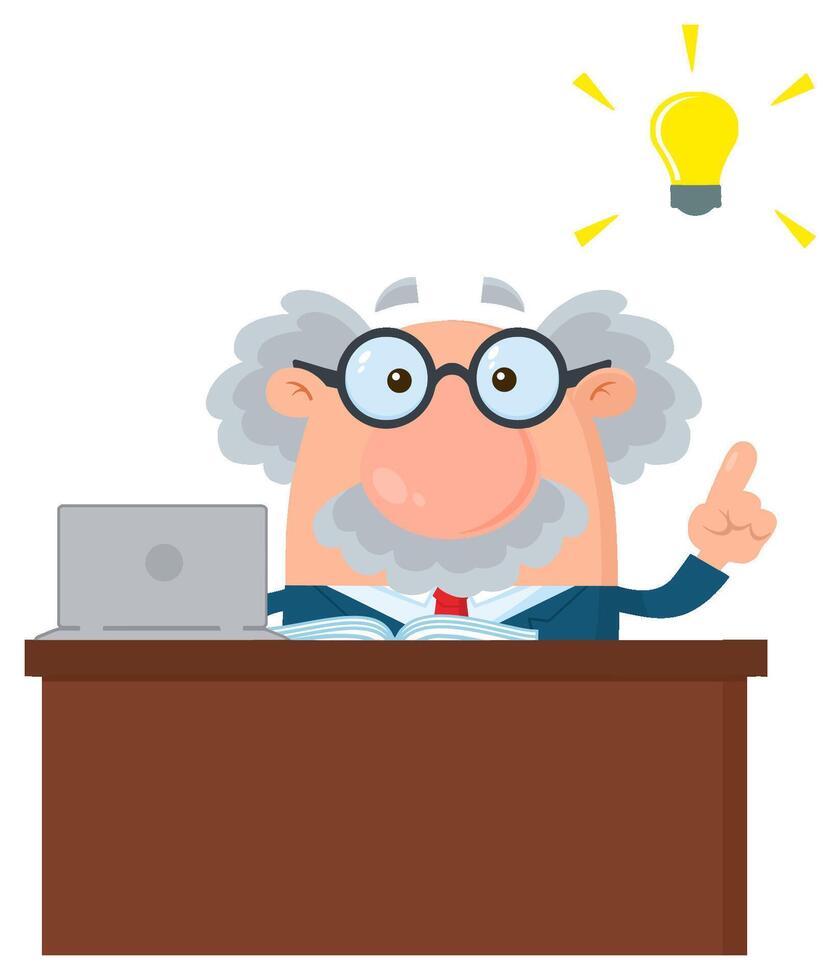 Professor Or Scientist Cartoon Character Behind Desk With A Big Idea vector