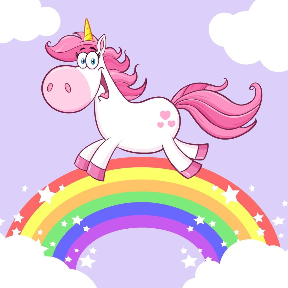 Cute Magic Unicorn Cartoon Mascot Character Running Around Rainbow With Clouds vector