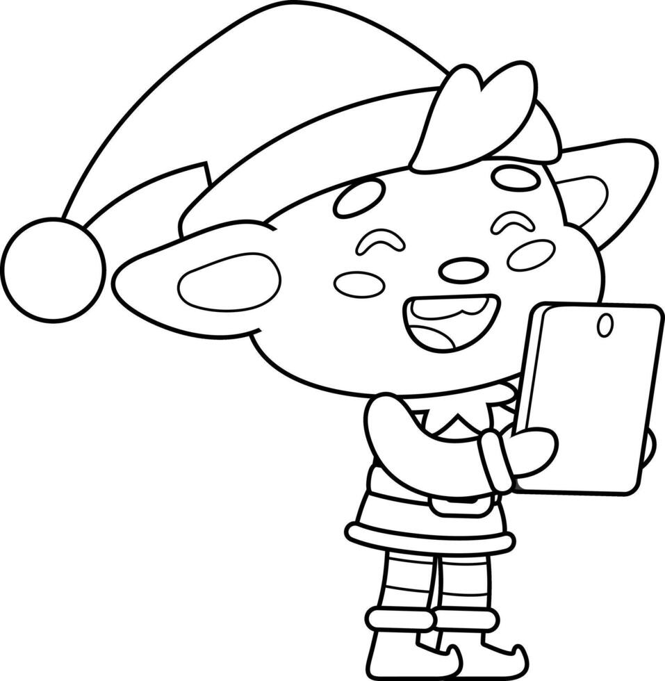 Outlined Cute Christmas Elf Cartoon Character Using A Phone To Assist Santa vector