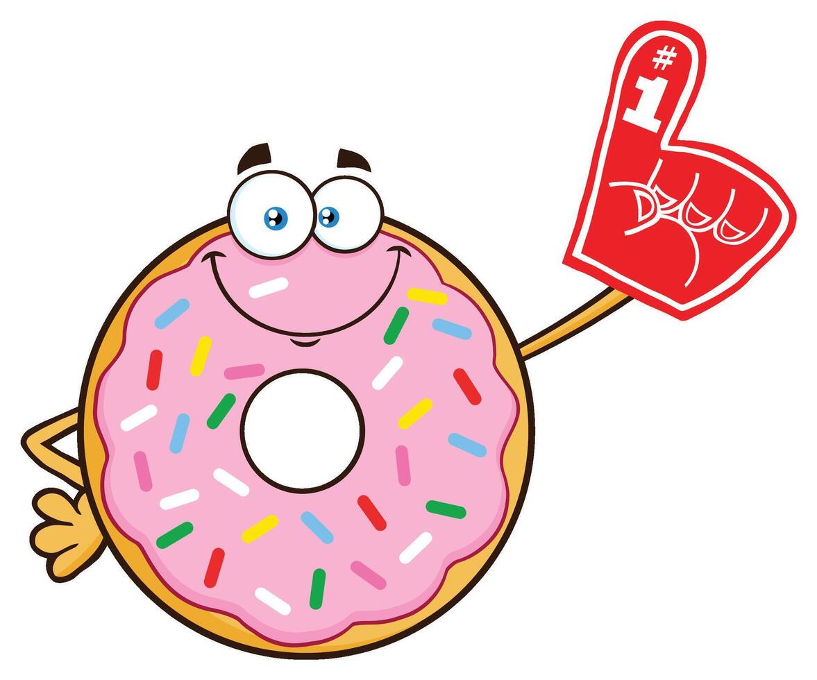 Smiling Donut Cartoon Mascot Character With Sprinkles Wearing A Foam Finger vector