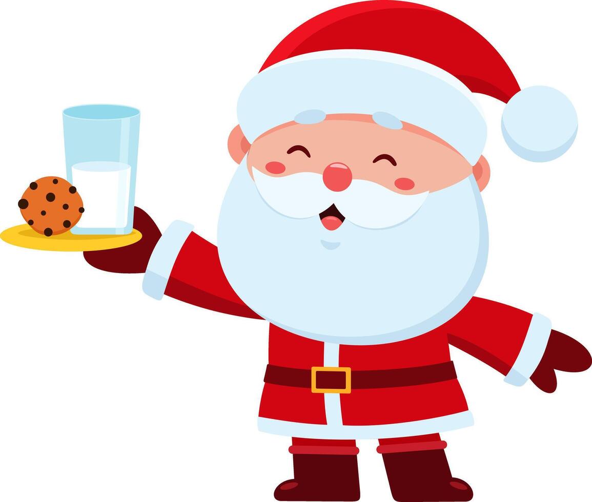 Cute Santa Claus Cartoon Character Holding A Plate With A Glass Of Milk And A Cookie vector