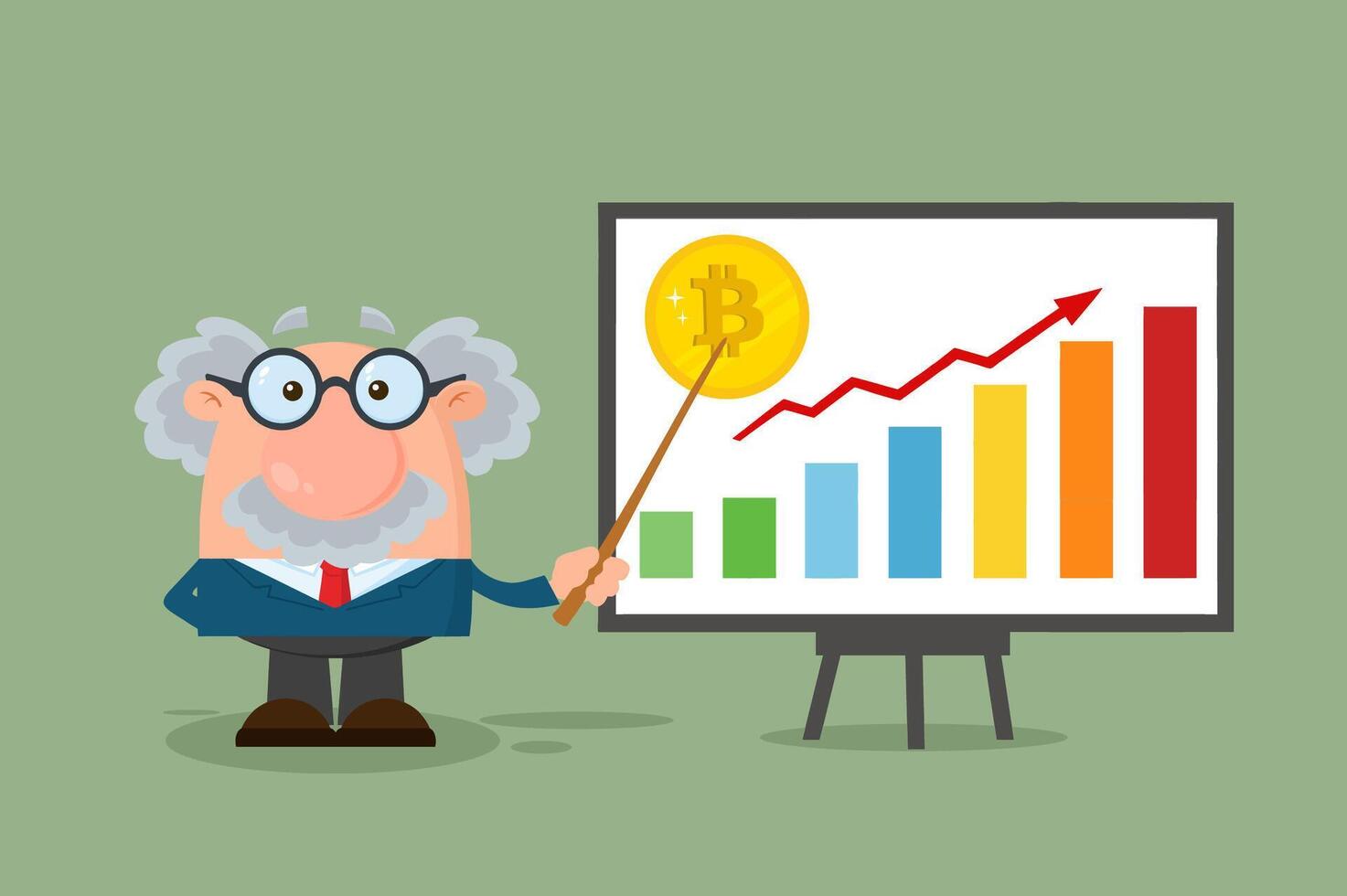 Professor Or Scientist Cartoon Character With Pointer Discussing Bitcoin Growth With A Bar Graph vector
