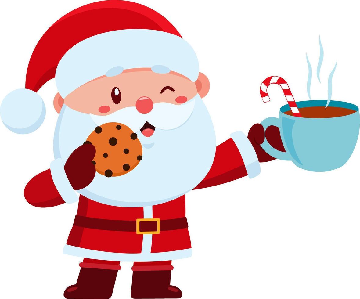 Cute Santa Claus Cartoon Character Enjoying A Cookie And Hot Chocolate With Candy Cane Stirrer vector