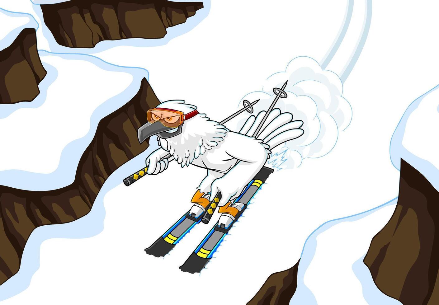 Winter Hawk Bird Cute Cartoon Character With Skis And Poles Goes Down vector
