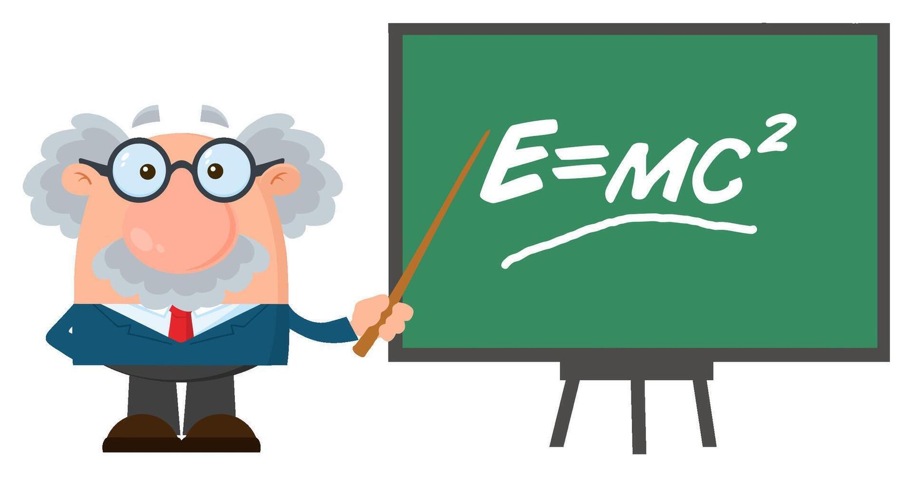 Professor Or Scientist Cartoon Character With Pointer Presenting Einstein Formula vector