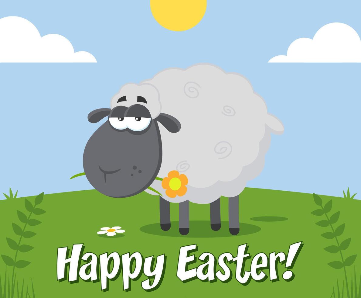 Black Sheep Cartoon Character With A Flower. Illustration Flat Design With Background And Text vector