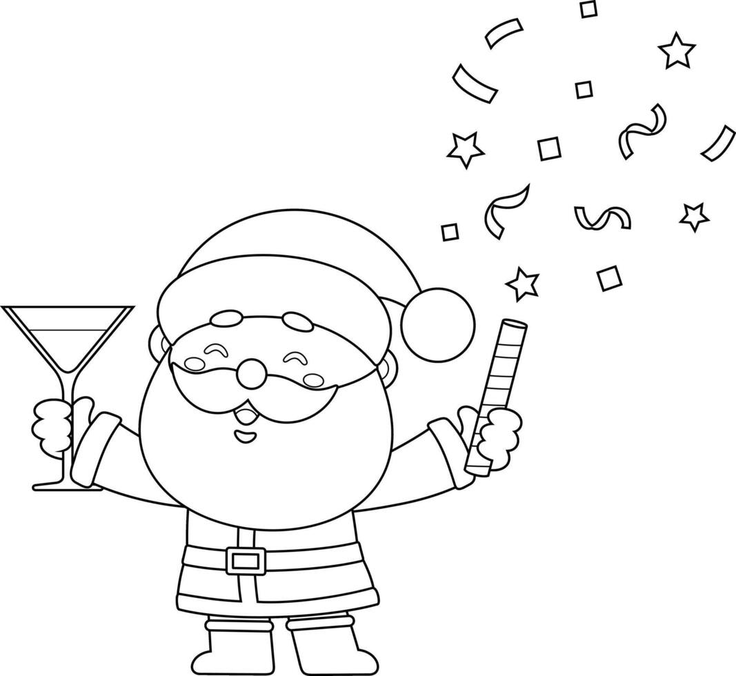 Outlined Cute Santa Claus Cartoon Character Holding A Champagne Glass And A Party Popper vector