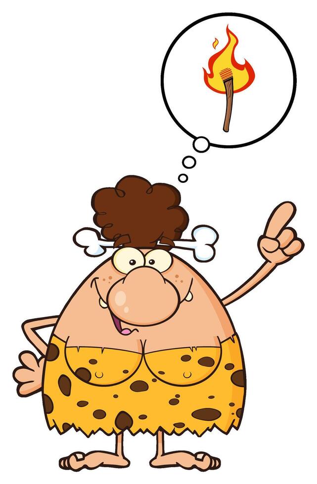 Smiling Brunette Cave Woman Cartoon Mascot Character With Good Idea And Speech Bubble vector