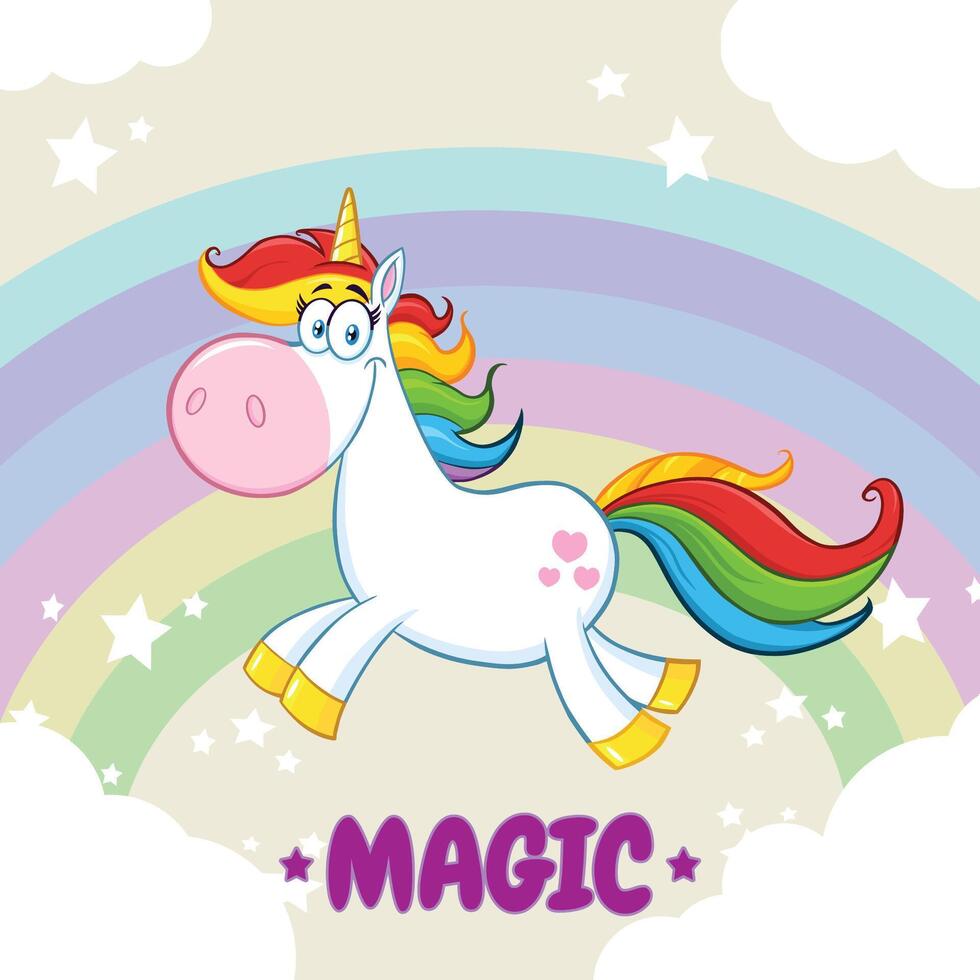 Smiling Magic Unicorn Cartoon Mascot Character Running Around Rainbow With Clouds vector