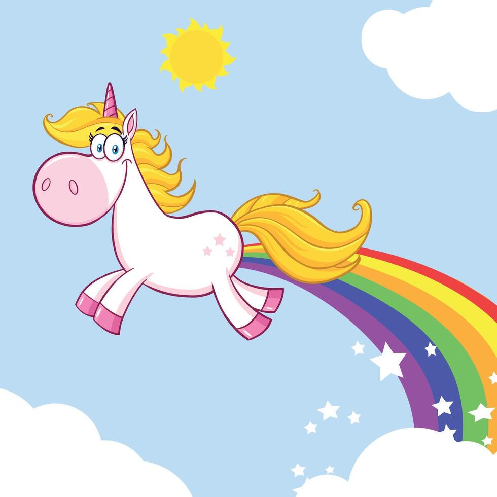 Smiling Magic Unicorn Cartoon Mascot Character Unicorn Making Rainbows vector