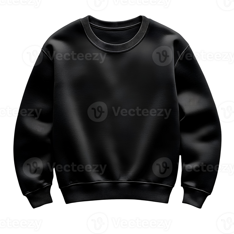 black crewneck sweatshirt . simple blank black sweatshirt top view . fashion article crewneck flat lay isolated. classic black crewneck sweatshirt for fashion mockups png