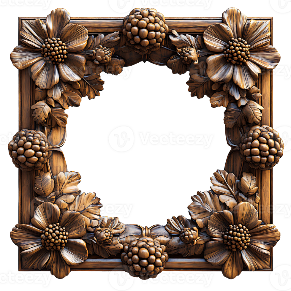 wooden frame . exquisite wooden frame with intricate detailing full of cones and flowers for picture placement . wooden border frame top view flat lay isolated. picture frame with empty center png