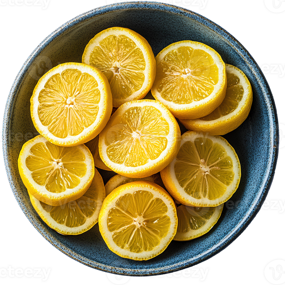 lemon fruit bowl set . lemon citrus fruit top view isolated. bowl full of lemon slices flat lay . organic and healthy lemons . vegan vegetarian food lemons isolated png