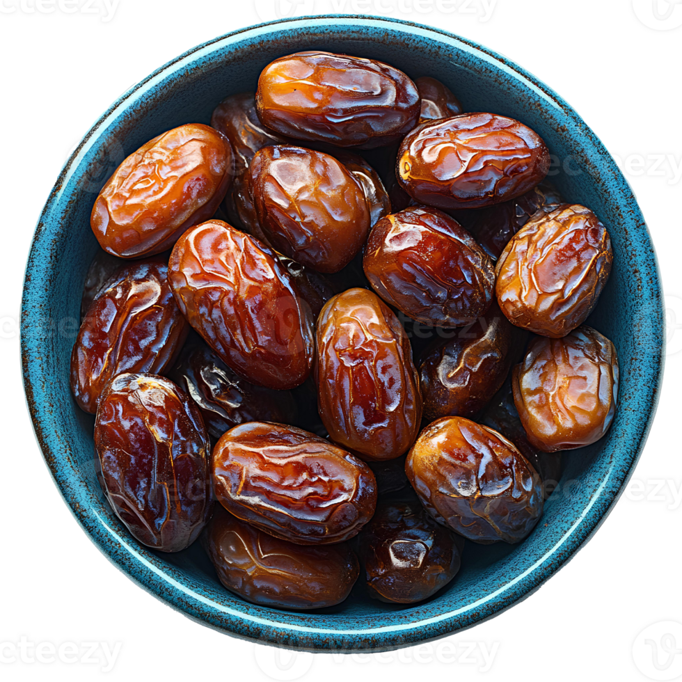 Dates in bowl . Bowl full of dates top view . bowl with date fruit flat lay isolated. organic, healthy, vegan, vegetarian dates full of vitamins isolated png