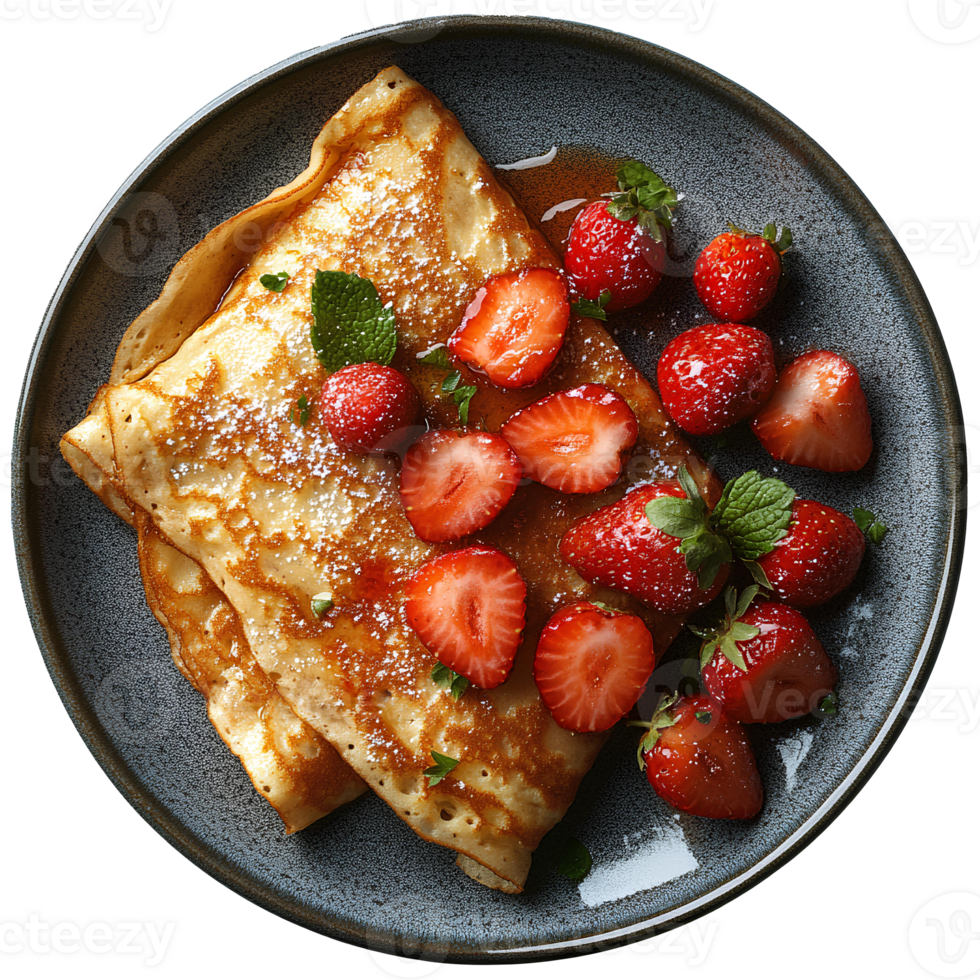 Strawberry crepes on plate top view . Pancakes with strawberry jam flat lay . Strawberry dessert full of strawberries isolated. Strawberry crepe . Strawberry pancake png