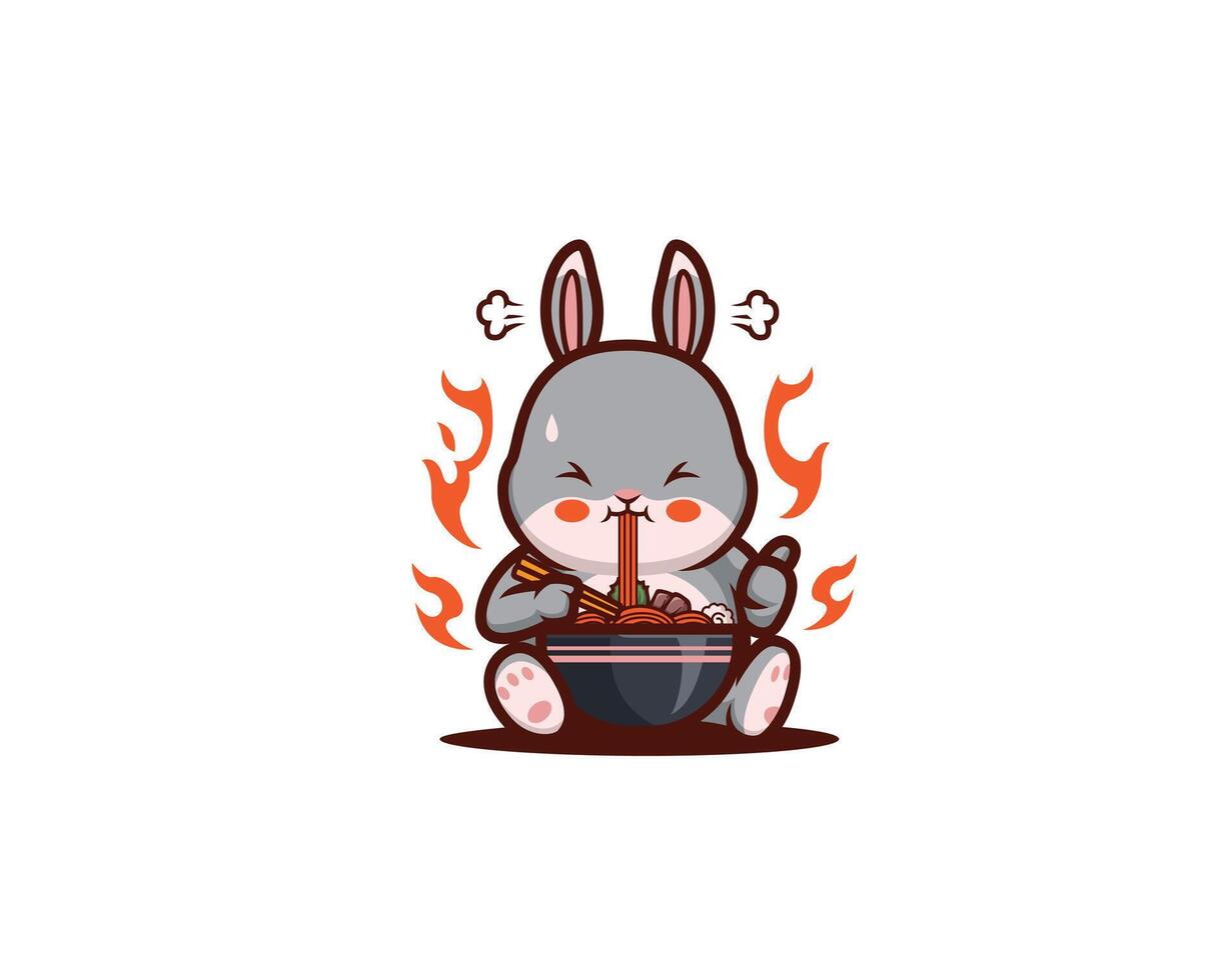 Cartoon rabbit eating spicy ramen vector