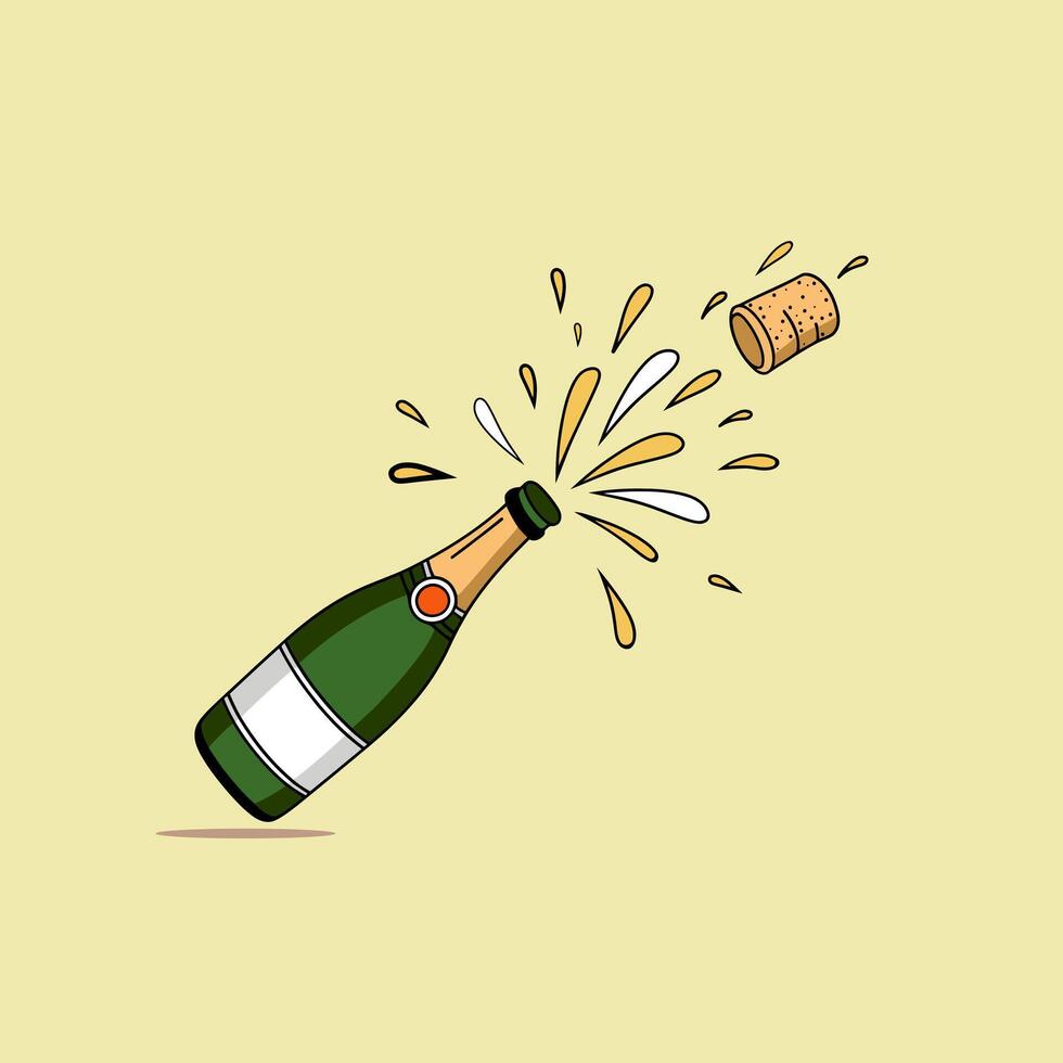 Champagne Bottle Explosion, Silhouette Illustration On Solid Background. vector