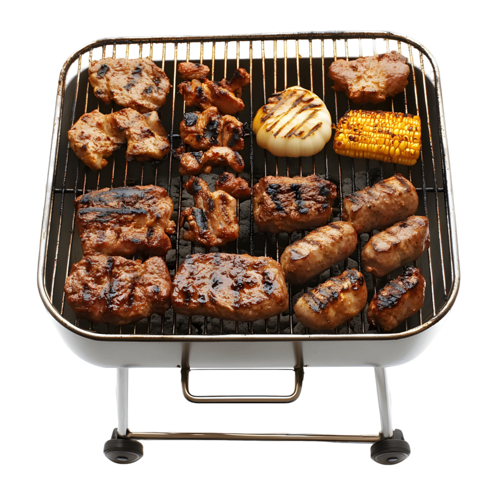 A grill with a variety of meats and vegetables on it png