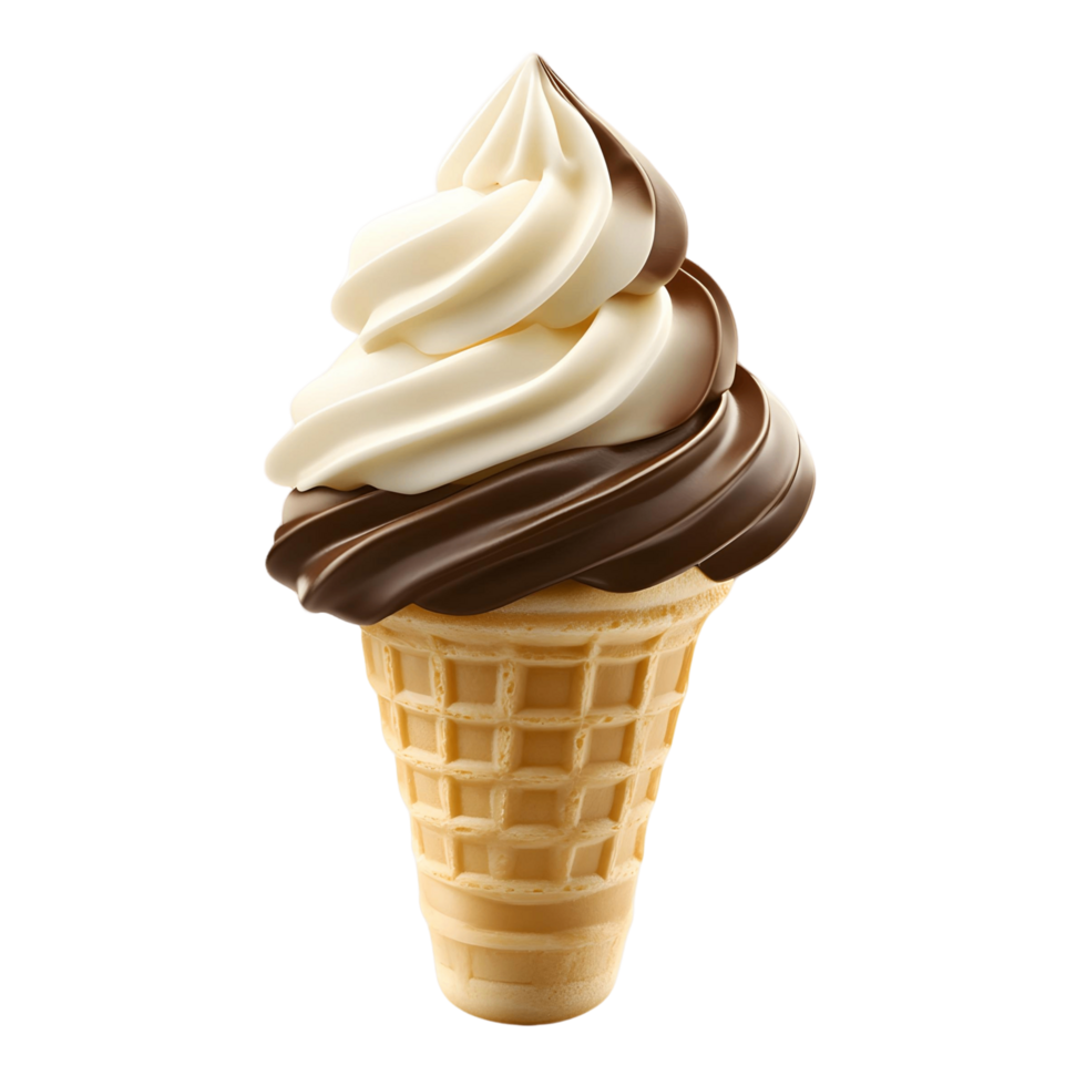 A chocolate and vanilla ice cream cone with a swirl of chocolate on top png