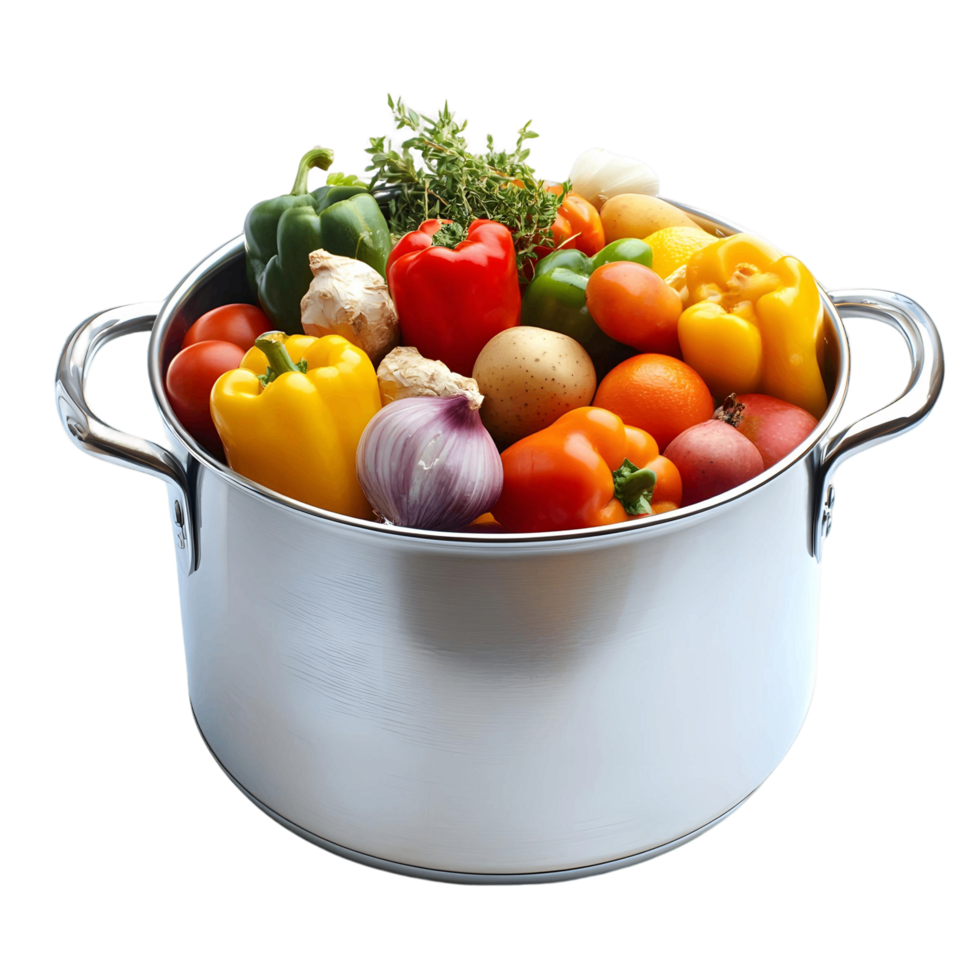 A large silver pot filled with a variety of vegetables including tomatoes png