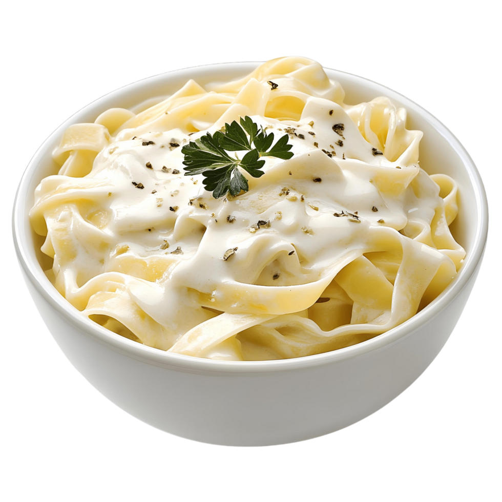 A bowl of pasta with a garnish of parsley on top png