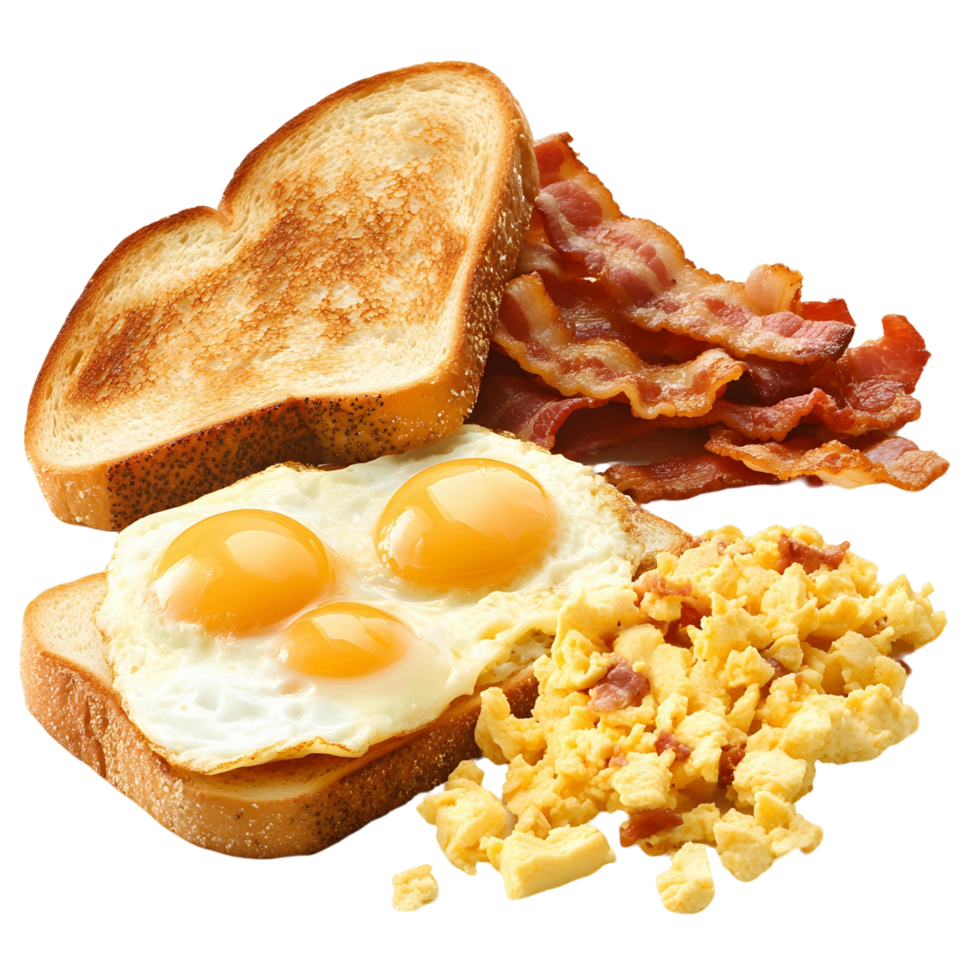 A breakfast plate with a piece of toast, bacon, and eggs png
