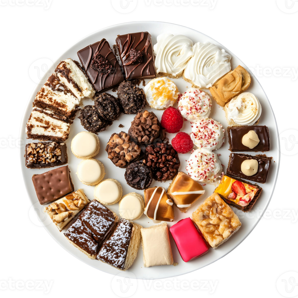 A white plate with a variety of desserts including cakes, cookies, and pastries png
