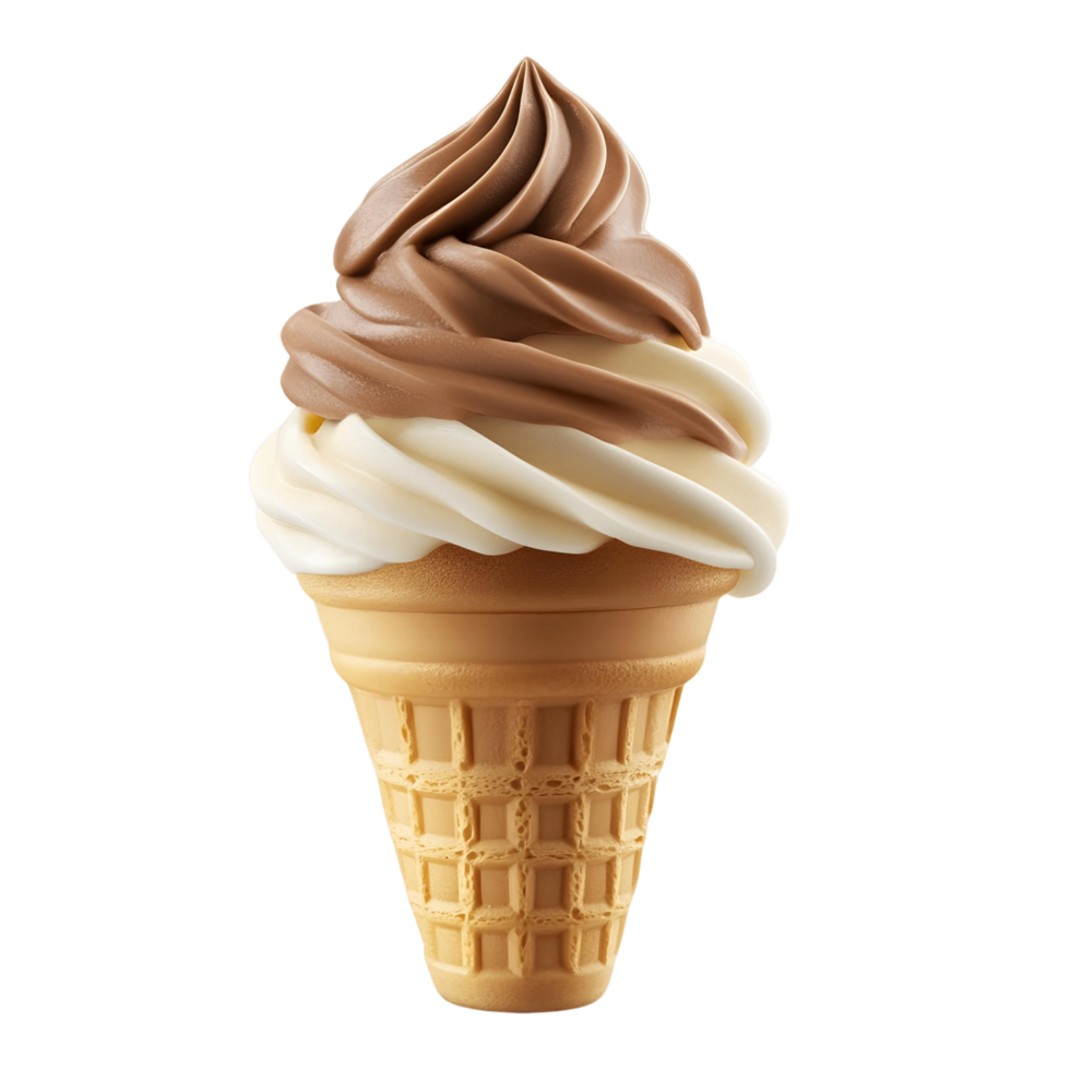 A scoop of ice cream in a cone with a swirl of chocolate and vanilla png