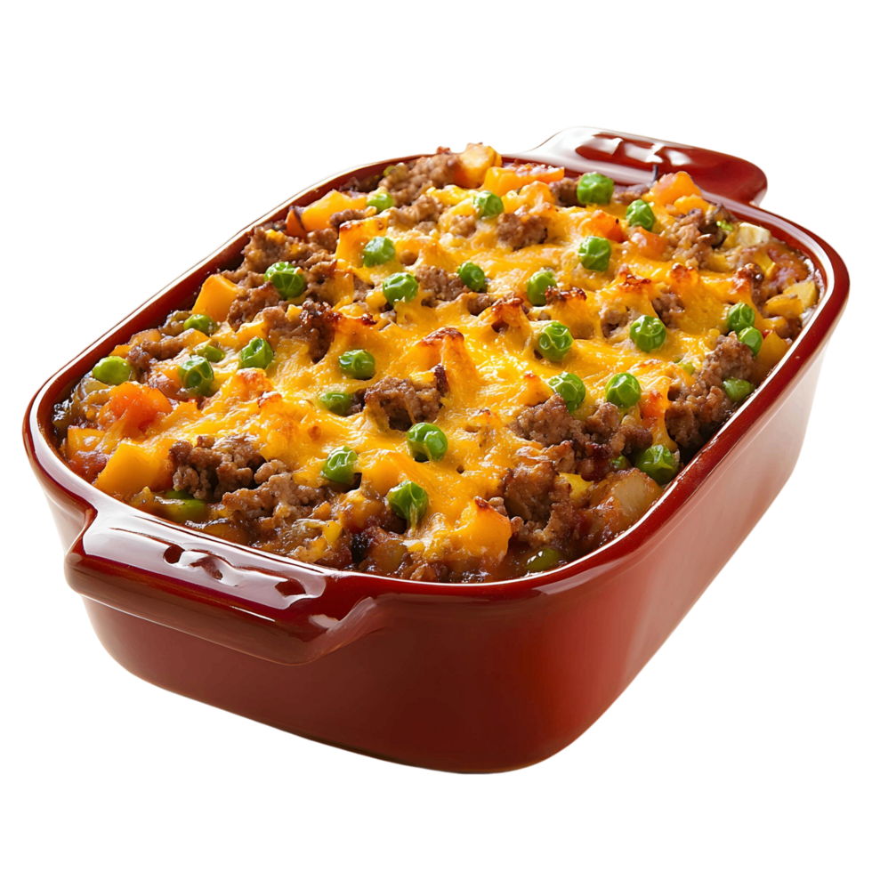 A red casserole dish filled with meat and cheese and peas png