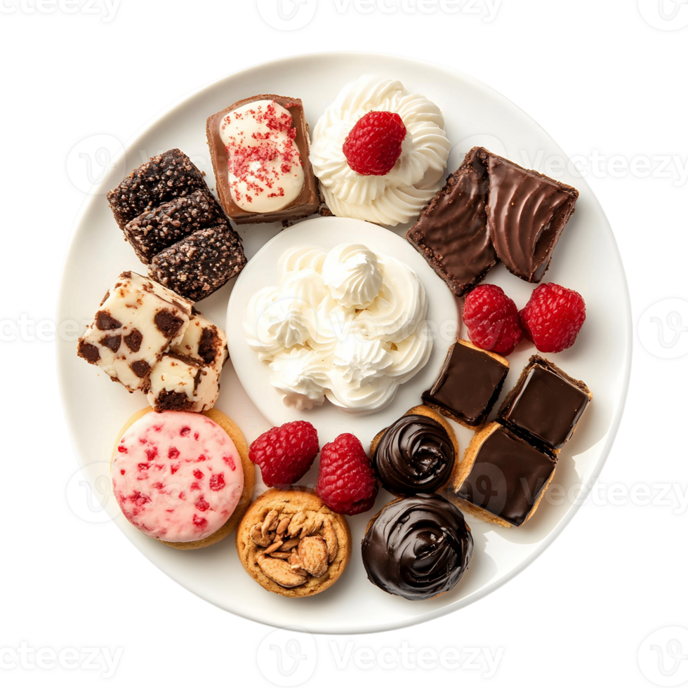 A plate of assorted desserts including chocolate and raspberry tarts, brownies png