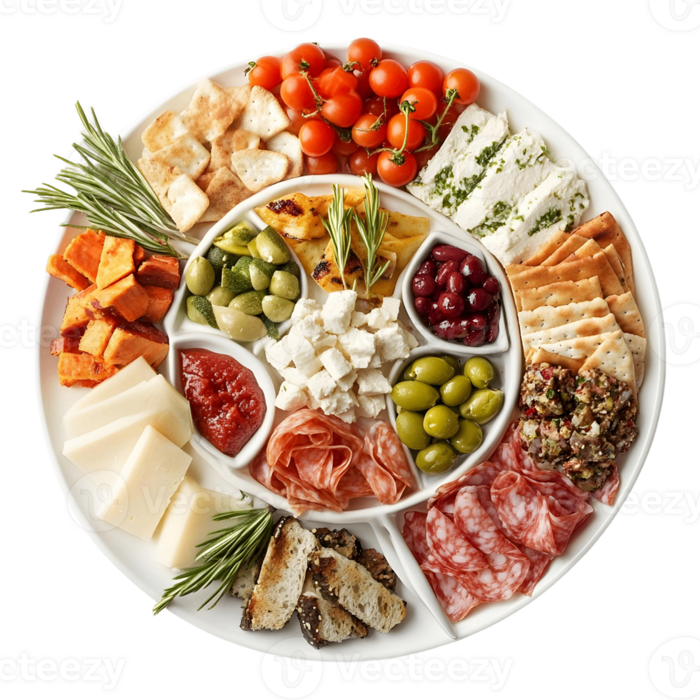 A white plate with a variety of food items including cheese, crackers, olives png