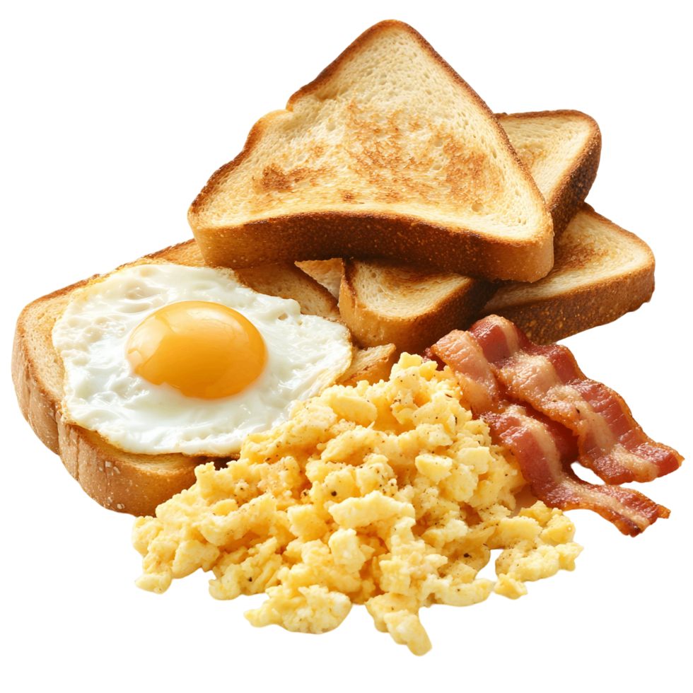 A breakfast plate with eggs, bacon, and toast png