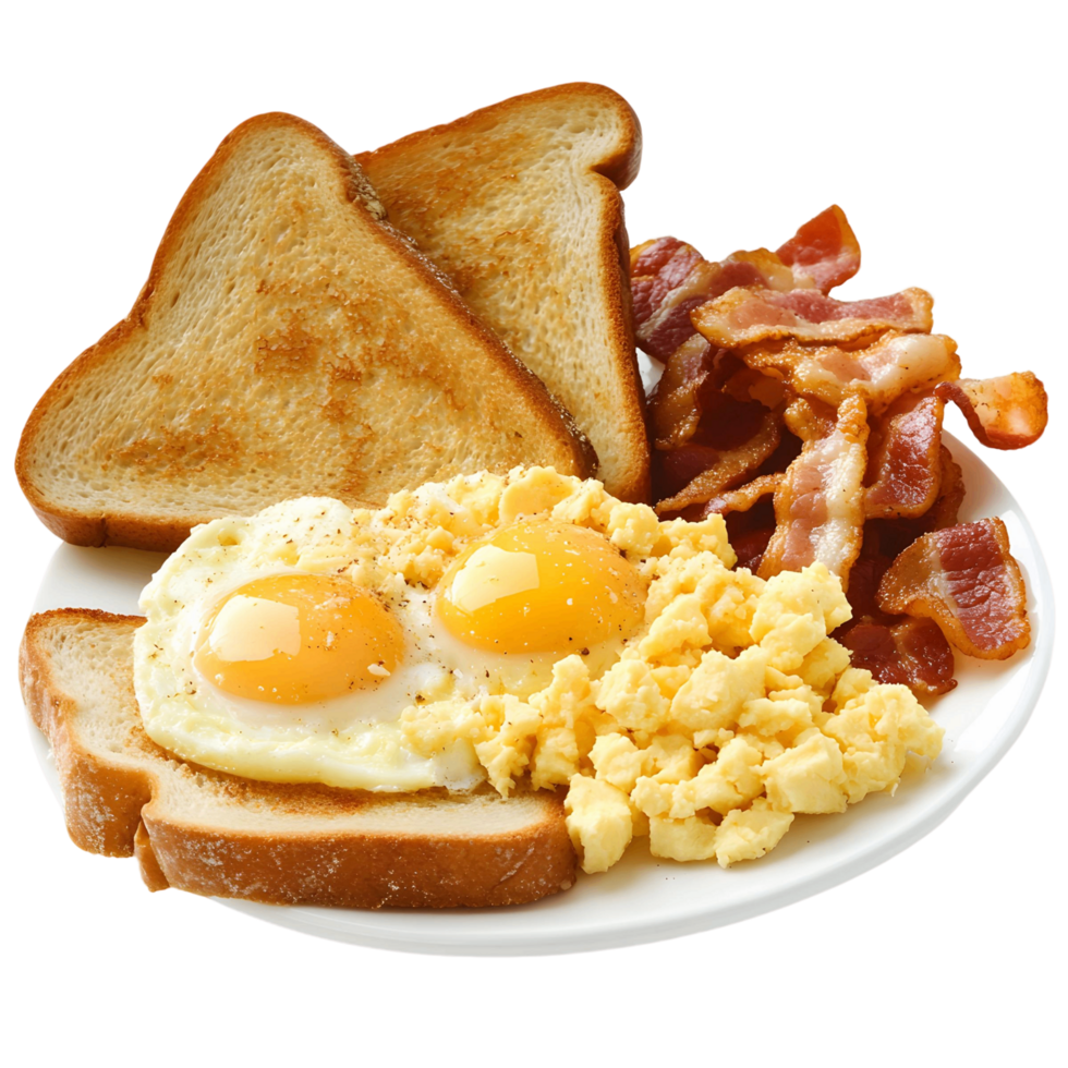 A plate of breakfast food with eggs, bacon, and toast png