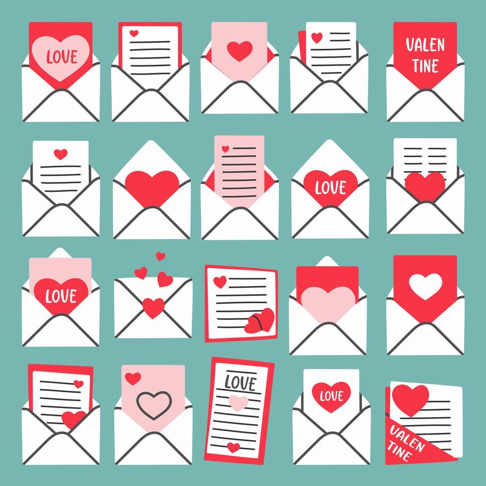 Cute Valentine envelope and letter set with heart designs, love messages, and decorative details. Perfect for scrapbooking, greeting cards, posters, invitations, and stickers. vector