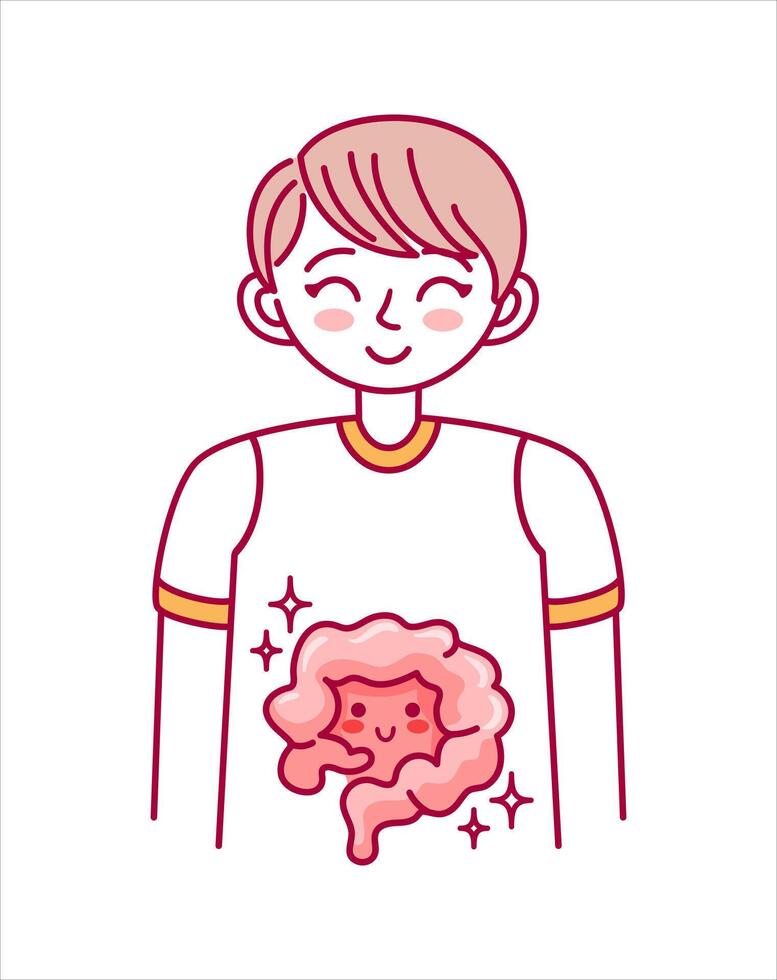 This adorable kawaii-style illustration features a baby boy with healthy intestines, highlighting the digestive system. Perfect for children s educational materials and health awareness. vector