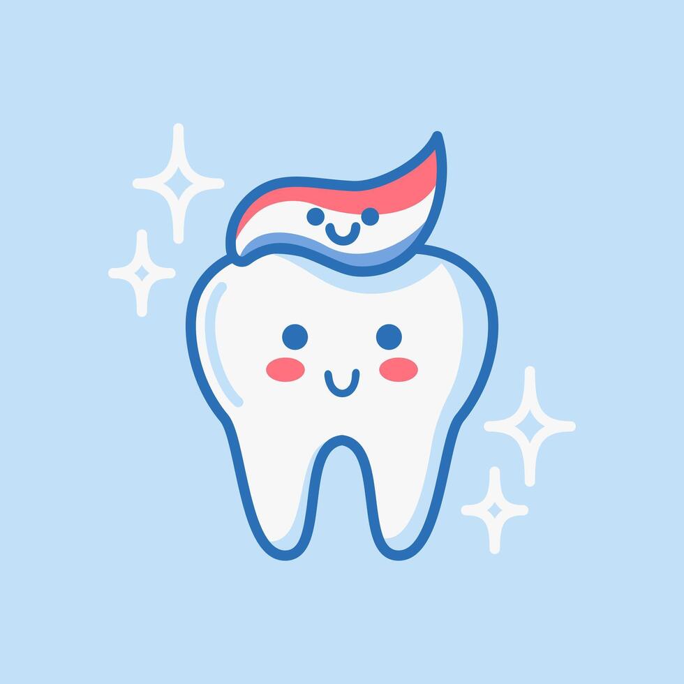 The tooth are covered paste. Sketchy character, image of brushing teeth, promoting dental health and oral hygiene. Emphasizing the importance of protecting enamel and preventing tooth decay. vector